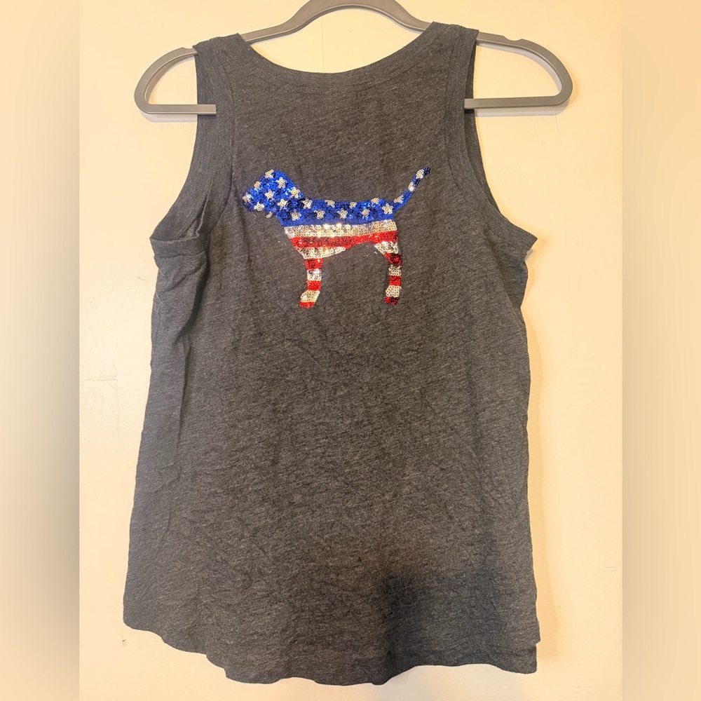 PINK Victoria's Secret Gray Tank Top with American Flag Dog - Picture 2 of 4